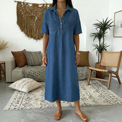 👗 50% RABATT NU! 👖 Ljus Denim Midiklänning med Fickor – Avslappnad & Bekväm – Perfekt för Vardagen 🌸