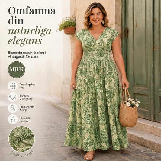 👗 50% RABATT NU! 🌸 Kvinnors V-ringad Blommönstrad Smockad Maxiklänning – Smockad Midja, Andningsbar & Mångsidig Längd ✨