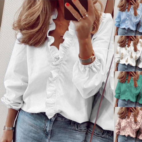 ✨V-ringad volangblus med långa ärmar – lös passform & lanternärmar 🌸50% RABATT!