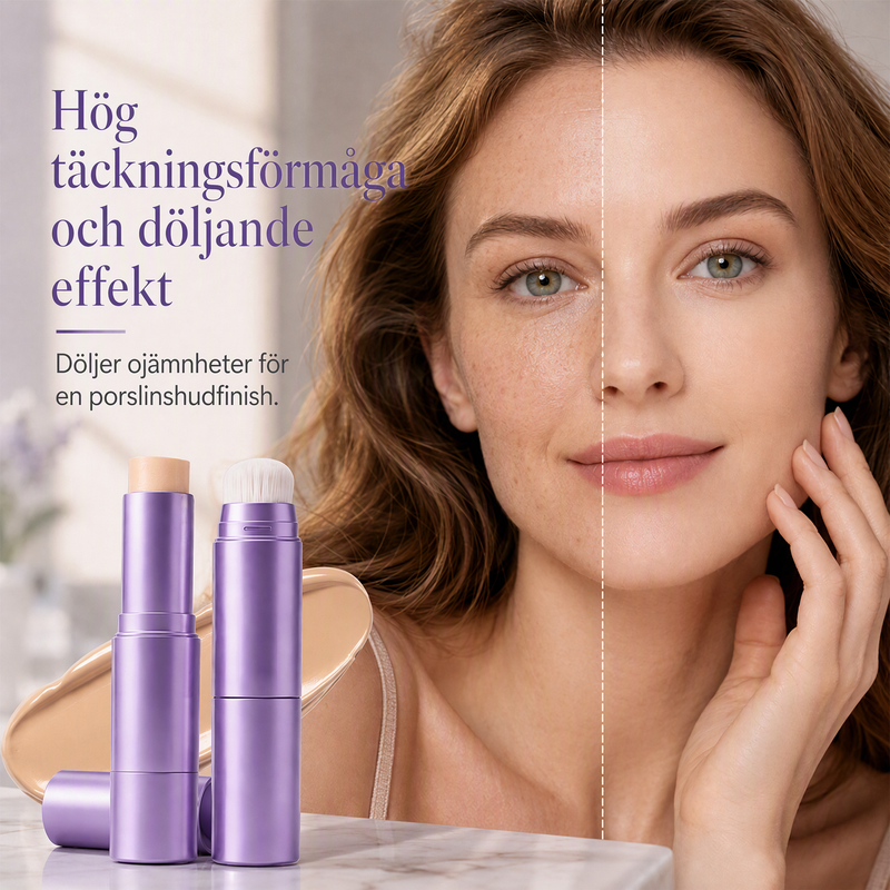 🧴 2-i-1 Foundationstift som Skiftar Färg – Inbyggd Borste & Full Täckning – Naturlig, Långvarig Finish för Alla Hudtoner