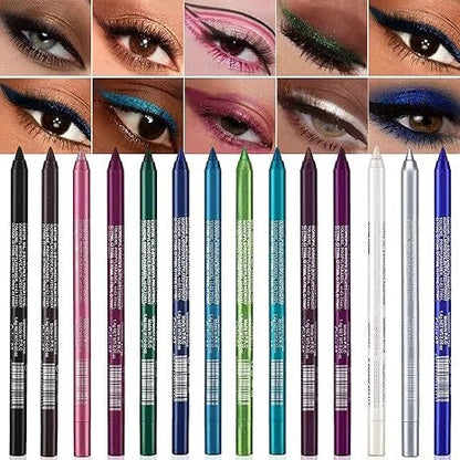 14-delars Vattenfast Gel-Eyeliner Set - Metallisk & Pärlemorskimrande Finish - Långvarig Smetfri Formula