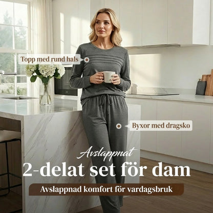 ⏳Begränsad tid 50 % rabatt⏰Damtröja med rund hals och byxor med dragsko👚👖