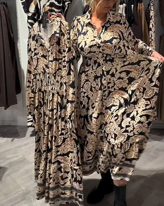 🔥Höst- och vinterspecial💖Blommig skjortklänning i vintagestil med knappar i midjan