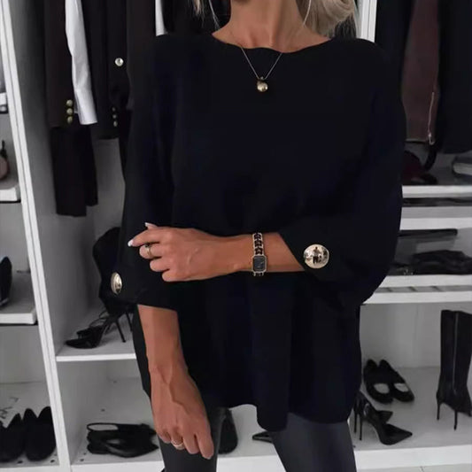 Klassisk stickad topp – trekvartsärm med knappdetalj 👚✨