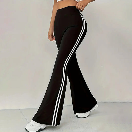 Högmidjade byxor med sidostripe – utsvängda ben & stretchig komfort 👖✨