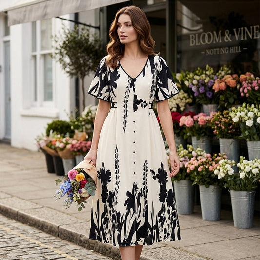 Botanisk mönstrad klänning – V-ringning & A-linje i mjukt material 🌿👗
