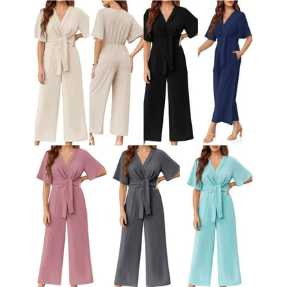 🔥50% RABATT NU!🔥 Elegant jumpsuit för dam med V-ringning, vida ben och knytning i midjan