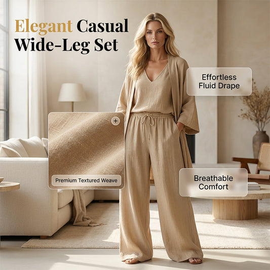 Elegant 3-delat set för dam – kofta, topp & vida byxor i mjuk vävd blandning 👗✨