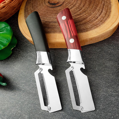 Multifunktionell skalare i rostfritt stål – brett blad, ergonomiskt handtag & flasköppnare 🔪🥔