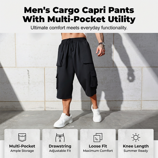 Herr cargo capri-shorts – stora fickor, justerbar dragsko & luftig wide-leg passform 🩳🎒