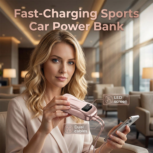 Powerbank med sportbilsdesign och två kablar