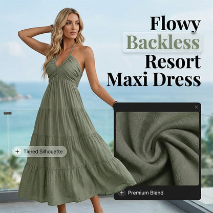 👗 50% RABATT NU! 🌴Halterneck baklös maxiklänning – volanger, flödande & redo för solen 🌴