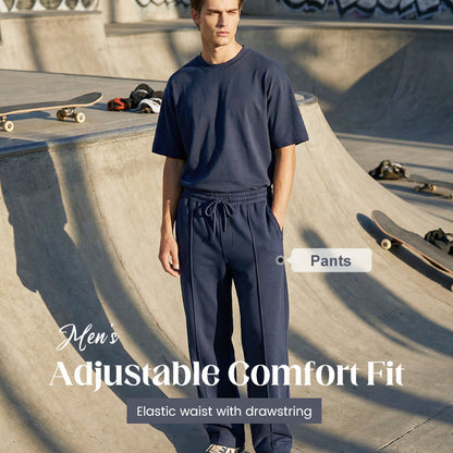 Herrbyxor med elastisk midja, dragsko & raka ben – avslappnad passform, andningsbart stickat tyg & sidofickor 👖💨