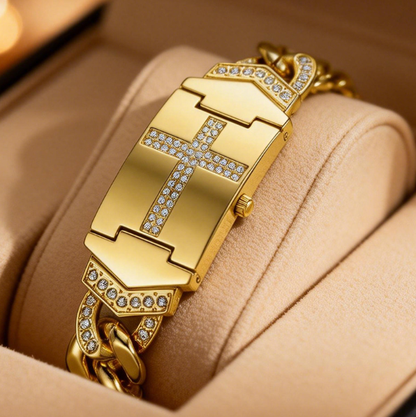 Elegant Kristallkors-klocka – Geometrisk Rektangulär Urtavla, Premium Metallarmband, Perfekt Present & Daglig Elegans ✨💎