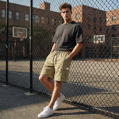 🩳 Mäns lediga cargo shorts med elastisk midja – andningsbart tyg, fukttransporterande & 5 fickor – perfekt för sommar och vardag ☀️