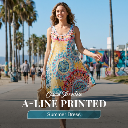 👗 50% RABATT! 🌸 Avslappnad ärmlös sommarklänning i A-linje med tryck – Lätt, ledig & perfekt för stranden, picknick eller lata sommardagar ☀️