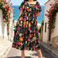 🔥Sista dagen: 50 % rabatt!⏰🌸👗 Blommig klänning med volanger, fyrkantig halsringning och fickor🏖️