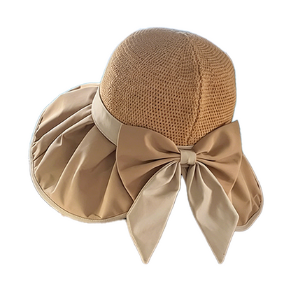 Solhatt med stickad krona & rosett – UPF 50+, formbart brätte & hästsvansvänlig 👒🎀