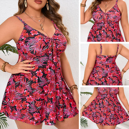 Blommigt 2-delat strandset – mini swimdress + triangelbikini, justerbar rosett & snabbtorkande 🌺👙