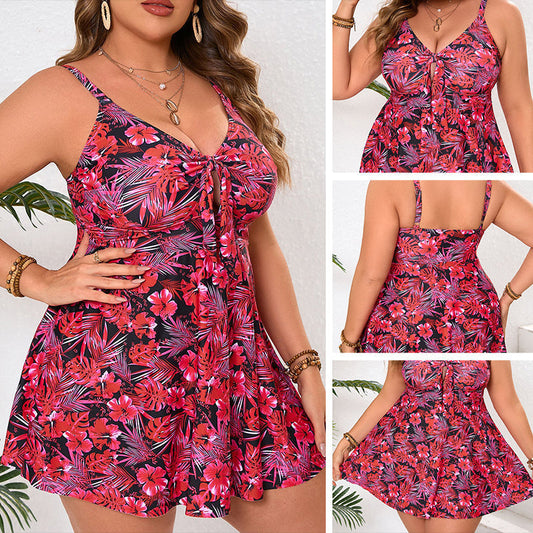 Blommigt 2-delat strandset – mini swimdress + triangelbikini, justerbar rosett & snabbtorkande 🌺👙