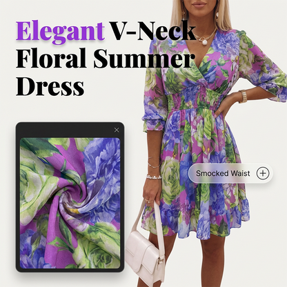 🔥🎁Nyhet 50 % RABATT🔥A-linjeformad klänning för damer med blommönster, V-ringning och volangkant