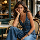 Ärmlös denimjumpsuit med V-ringning för dam
