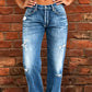 👖 🖤 Dams Distressade Slim Fit Utsvängda Jeans – Edgy & Benförlängande ✂️