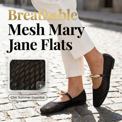 👡 50% RABATT NU! 🌬️ Mesh Mary Jane ballerinaskor – luftig håldesign, guldaccent & slip-on komfort 👡✨