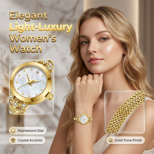 Elegant damklocka med pärlemorsskiva – kristallindex, flätat metallband & tidlös elegans ⌚✨