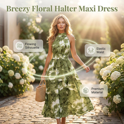 Dam halterneck maxiklänning med akvarelltryck – smockad midja & flödande siluett 👗🌺