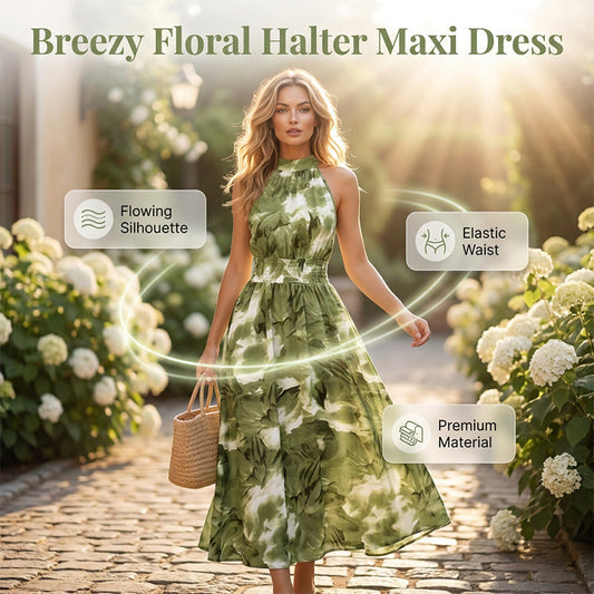 Dam halterneck maxiklänning med akvarelltryck – smockad midja & flödande siluett 👗🌺