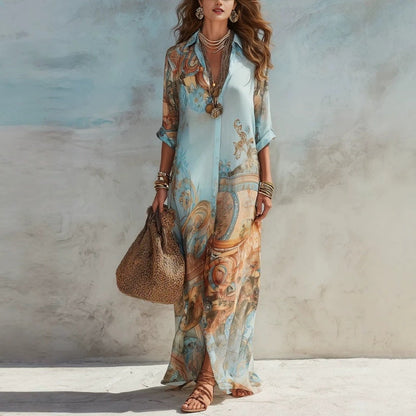 ✨ Exklusivt – 60 % RABATT! 👗 Elegant boho-klänning med knäppning – retro-mönster, flödande siluett & perfekt för fest, semester & vardag 🌿