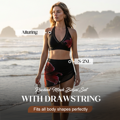 🌹3-Piece Ruched Mesh Bikini Set – Halter Top, Drawstring Skirt & Flattering Ruched Bottoms 🌺