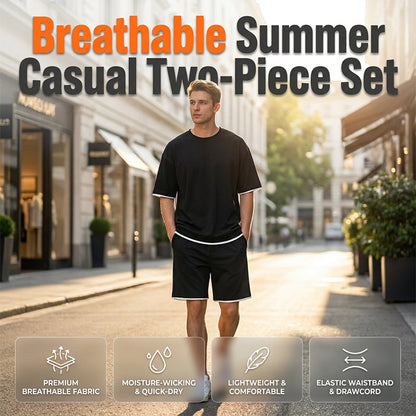🎉 BEGRÄNSAD TID 50% RABATT! 👕 Herr Vaffelstickat T-shirt & Shorts Set – Kylande Känsla Tyg & Avslappnad Passform 💙