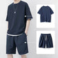 🎉 BEGRÄNSAD TID 50% RABATT! 👕 Herr Vaffelstickat T-shirt & Shorts Set – Kylande Känsla Tyg & Avslappnad Passform 💙