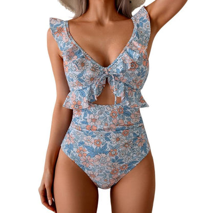 Dam baddräkt med volang V-ringning – magkontroll, rynkad design & chic cut-out 👙🌸