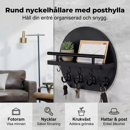 Väggmonterad nyckelhållare med hylla och krokar