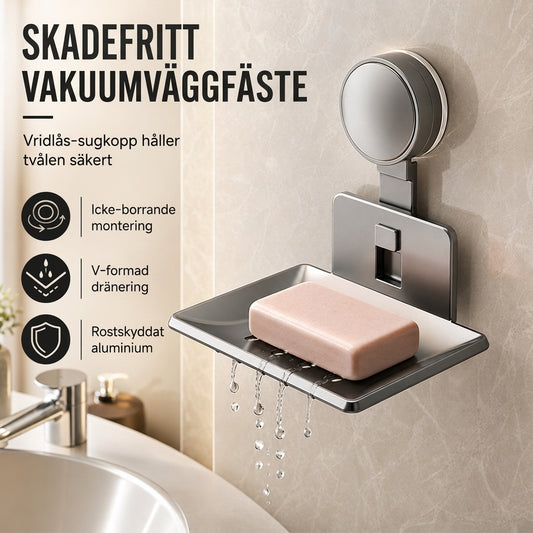 📢📢 50% RABATT!! ⏰ Vakuumsugande tvålhållare: V-formad dränering, rostfritt aluminium, ingen borrning, vridlås 🧼